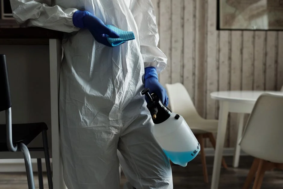 Vue depuis le haut d’une employée de ménage anonyme portant des gants en caoutchouc jaunes et vaporisant un produit nettoyant sur un robinet d’eau chromé dans une salle de bain